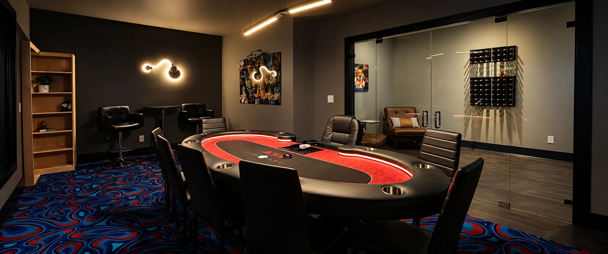 Finished basement game room with a red poker table, from the remodeler’s brand film